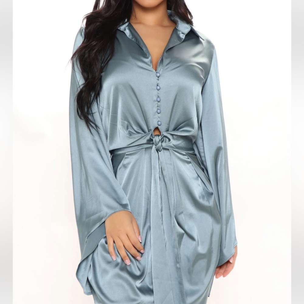 Light blue fashion nova satin dress. Long sleeve